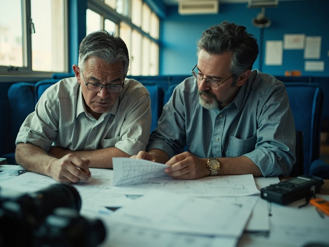 Editor reviewing contact sheets at a newsroom desk