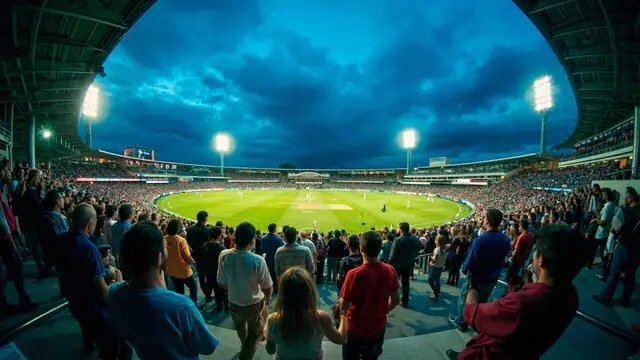 Spectators entering a cricket ground for an evening fixture