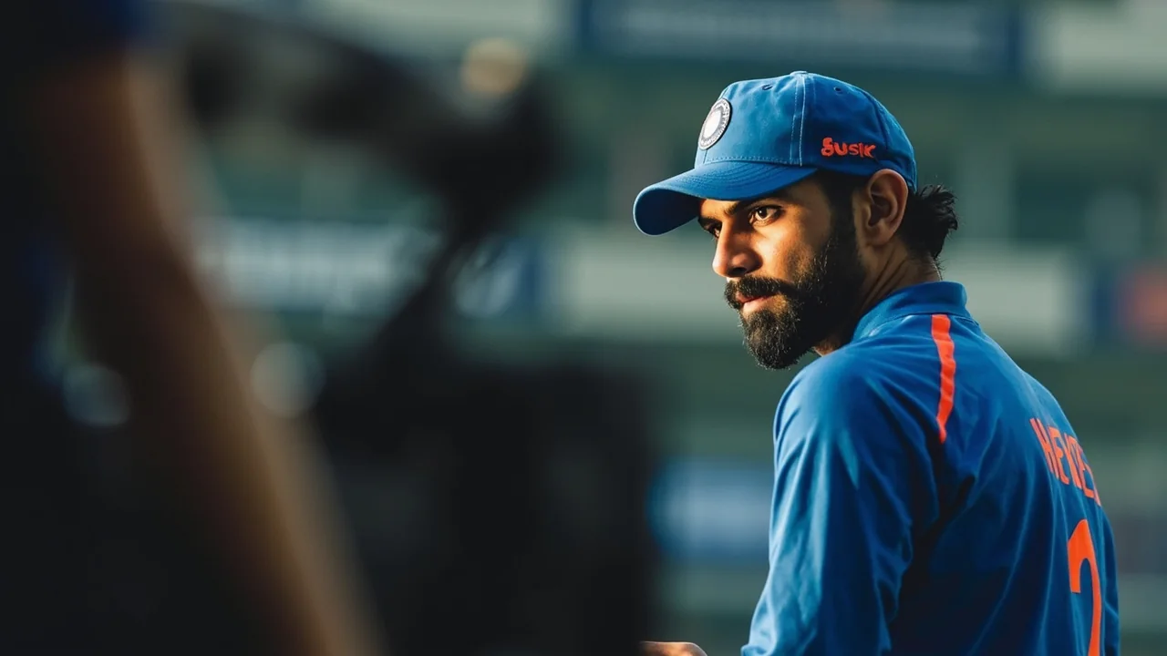 Medium view of an Indian batter working the strike in a middle-order net session, with a coach standing at the bowler's end and the batting position marker visible behind the stumps