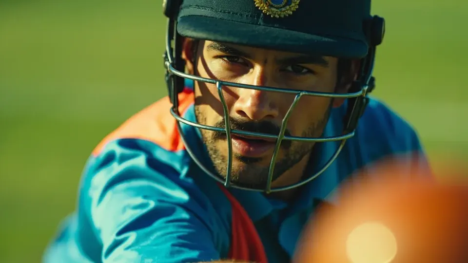 A batsman completing a controlled drive in a T20I fixture, captured at mid-pitch with a tight crop and a sharp ball under the bat