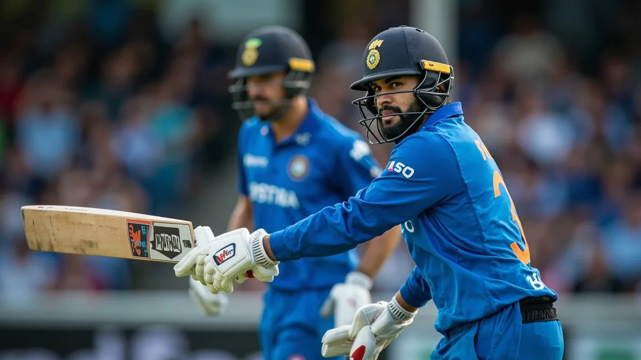 A right-handed batter completing a controlled cover drive in English conditions, captured at mid-pitch with a sharp ball under the bat