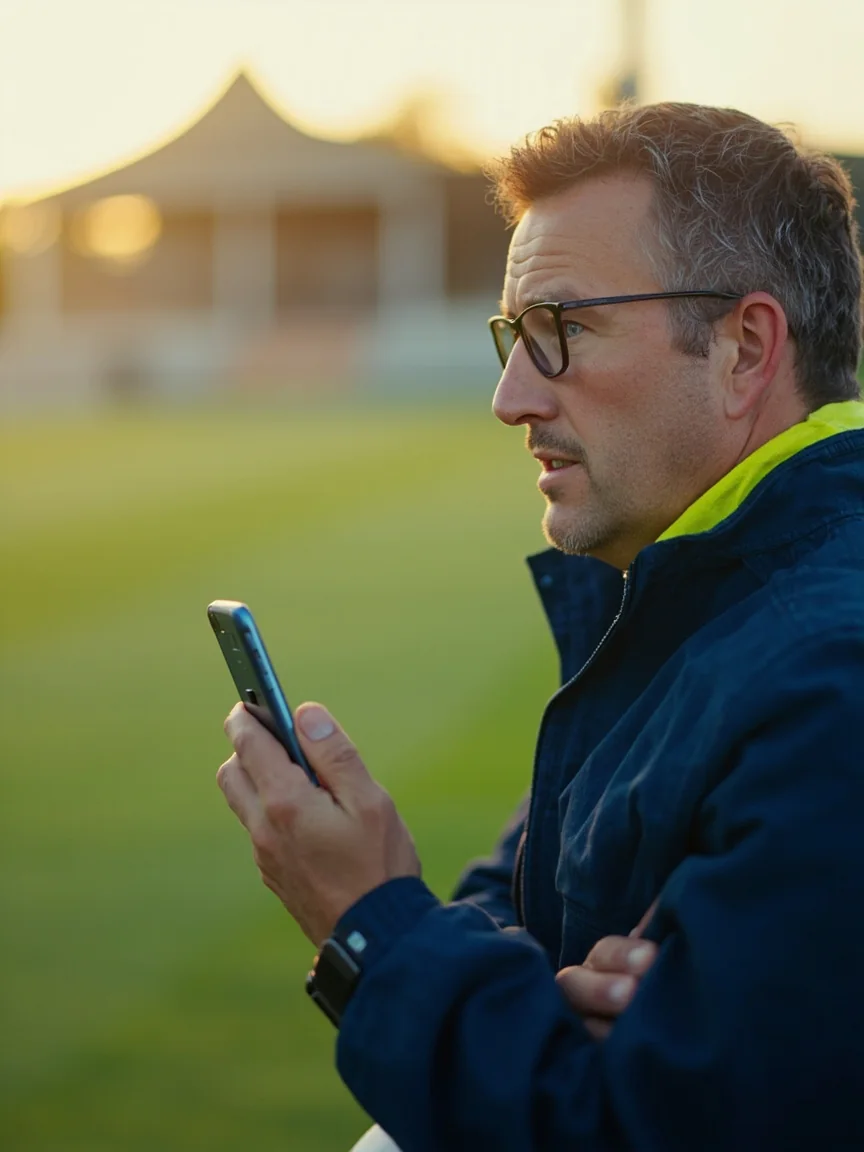 Cricket supporter holding a phone at a club-ground boundary