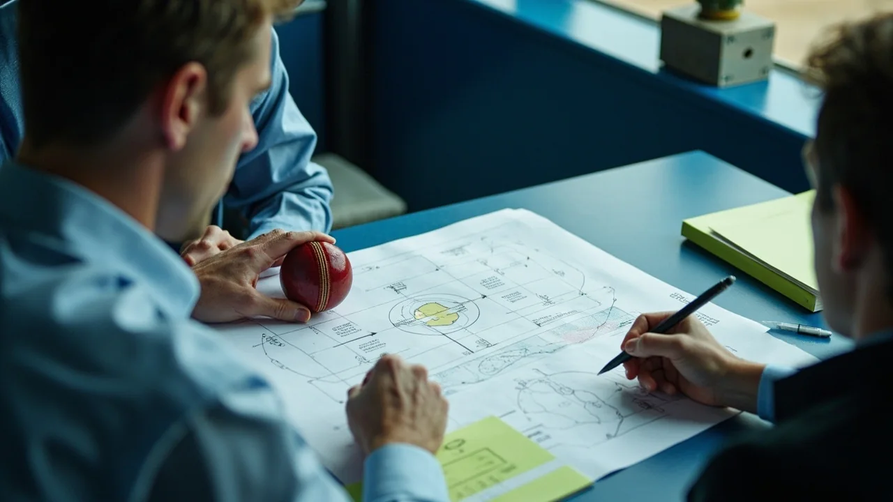 Two analysts studying pitch maps in a workroom