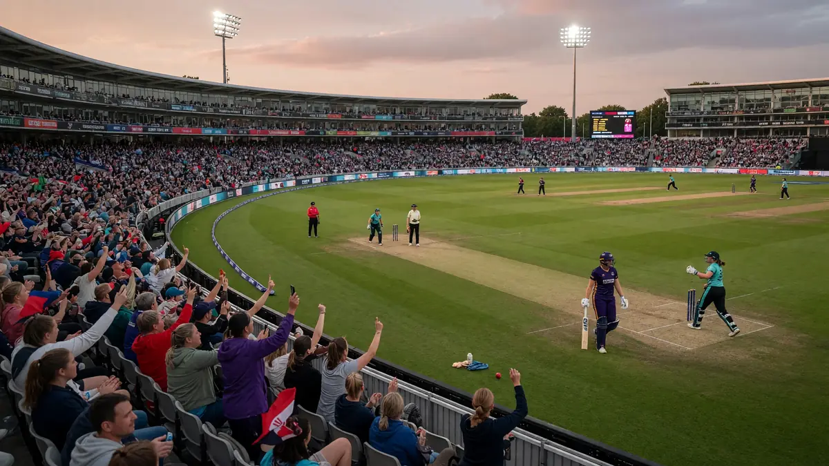 Wide afternoon view of a packed English cricket ground with the square lit and stands filled for a women's franchise fixture