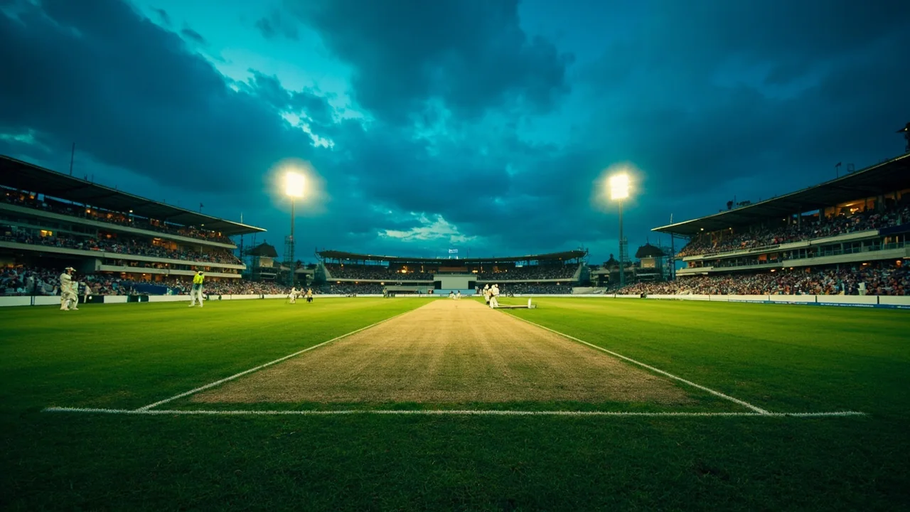 Cricket ground at evening under floodlights