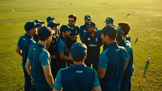 Cricket squad in a tight huddle before training