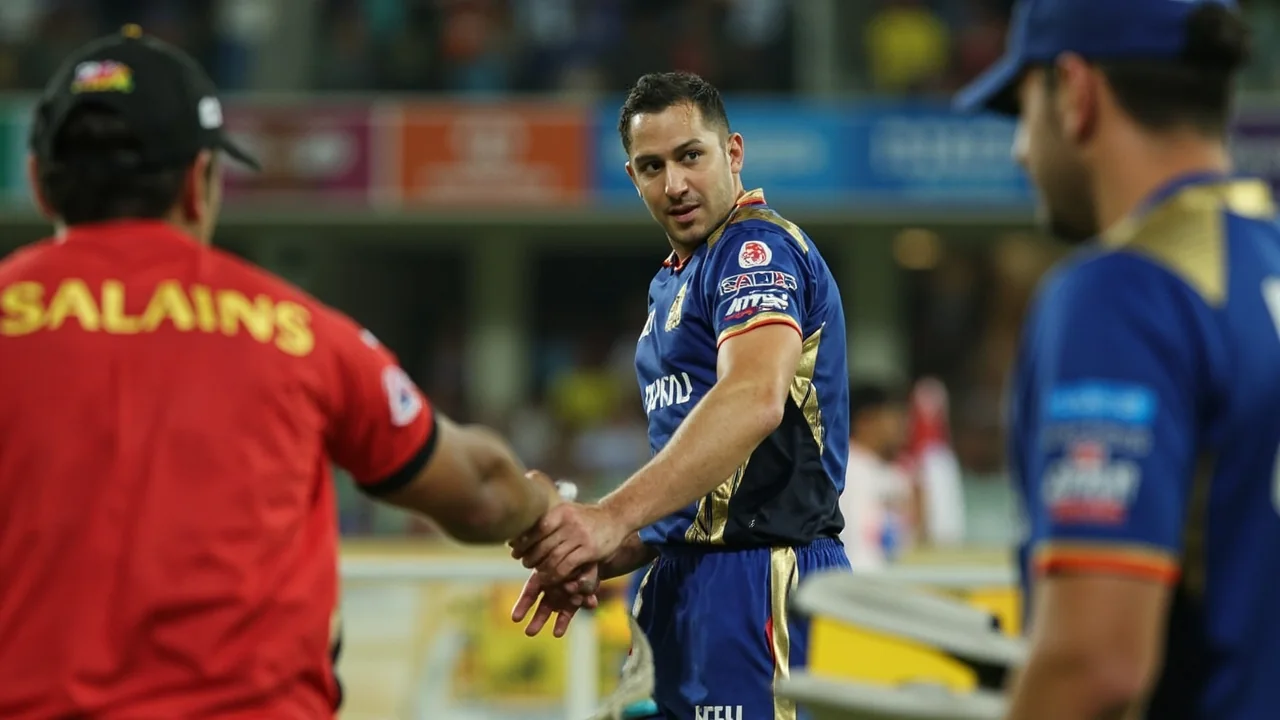 Medium-wide tactical view of a T20 field setting with three slips, a short cover and a deep mid-wicket positioned for a left-arm spinner on a flat batting surface