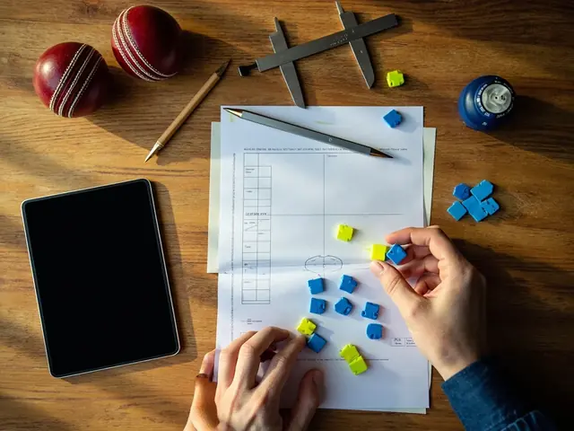 Top-down view of a wooden analyst desk with selection tokens and a printed field diagram
