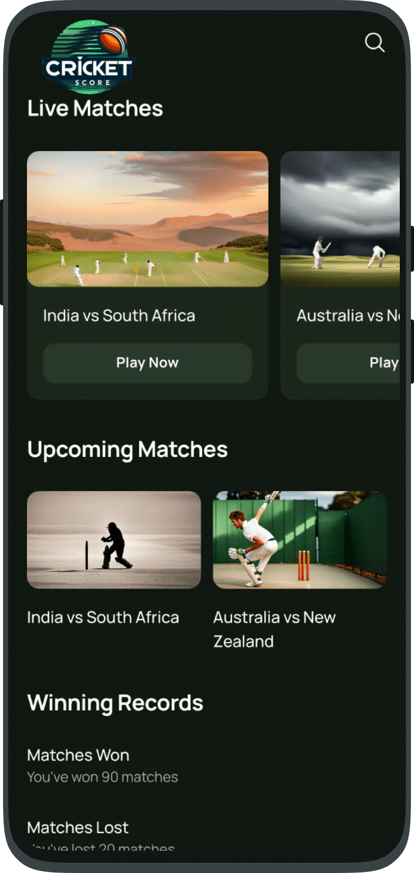 CricketScore App Screenshot Main